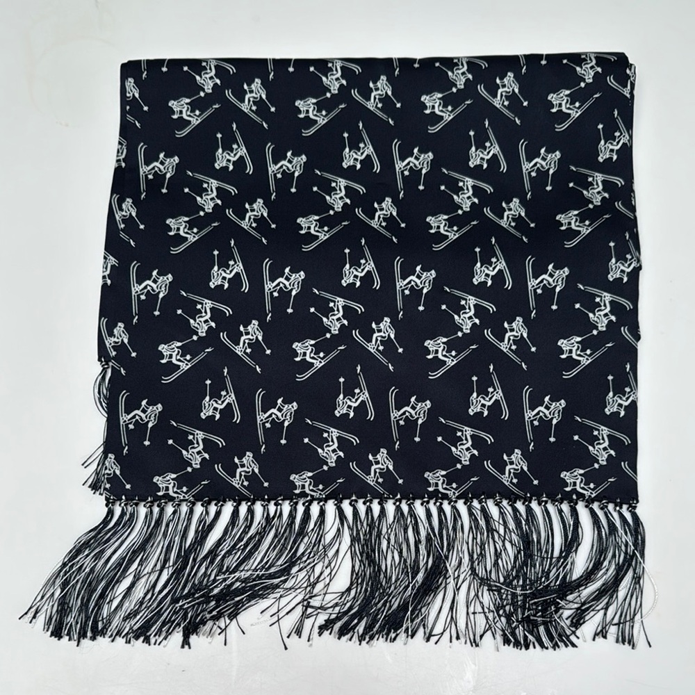 Drake’s Navy and White Retro Ski Print Silk Scarf with Fringe